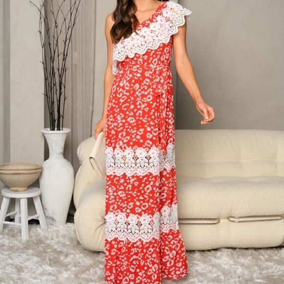 NEW! WOMEN'S BOHO ONE SHOULDER CROCHET RED ANIMAL PRINT MAXI DRESS - Picture 2 of 5